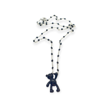 necklace silverchain with black beads and black bear1